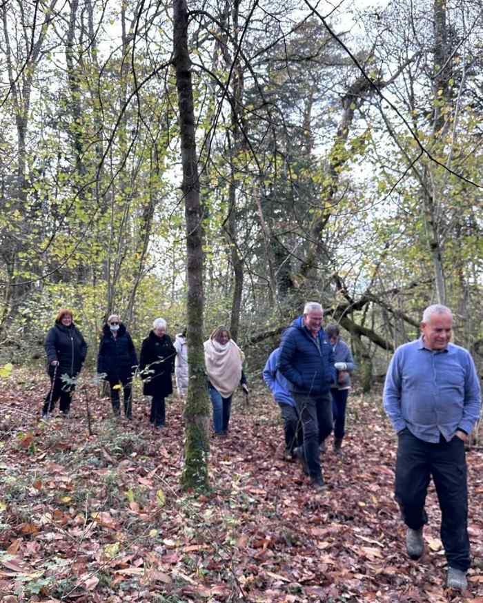 Guests walking through woodland during Château de la Boutinière Events, enjoying a Tea and Tour experience on the estate.