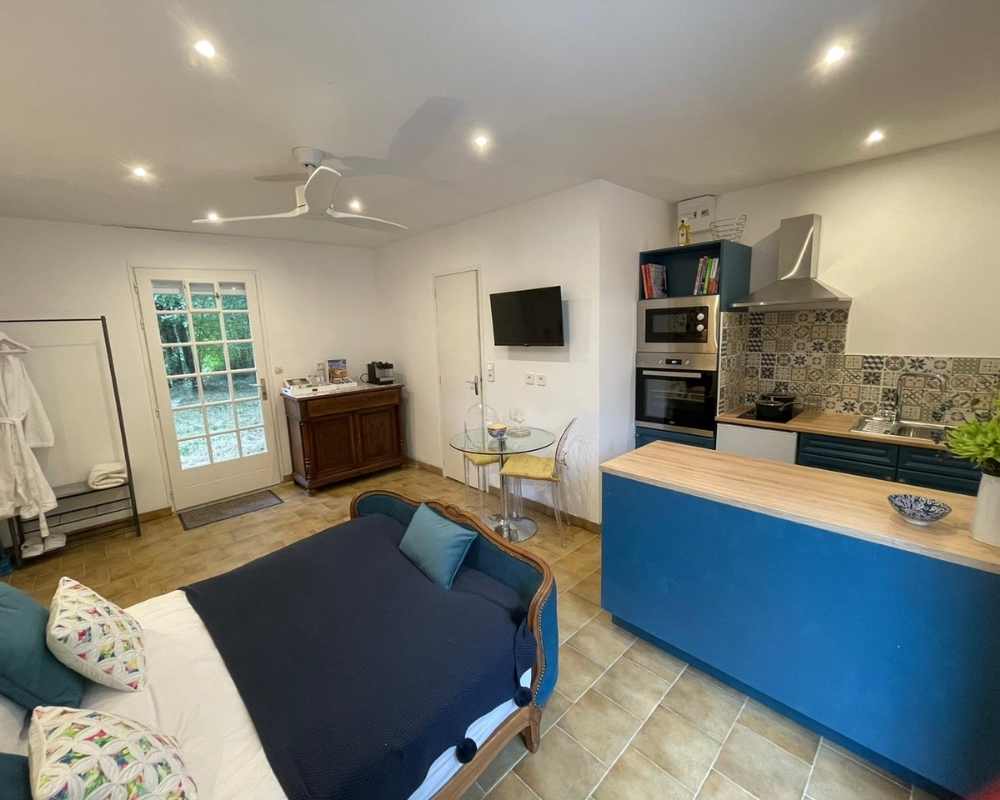 Gites in France interior at Château de la Boutinière showing a self-catering studio with double bed, kitchenette, dining area and private entrance overlooking the château grounds.