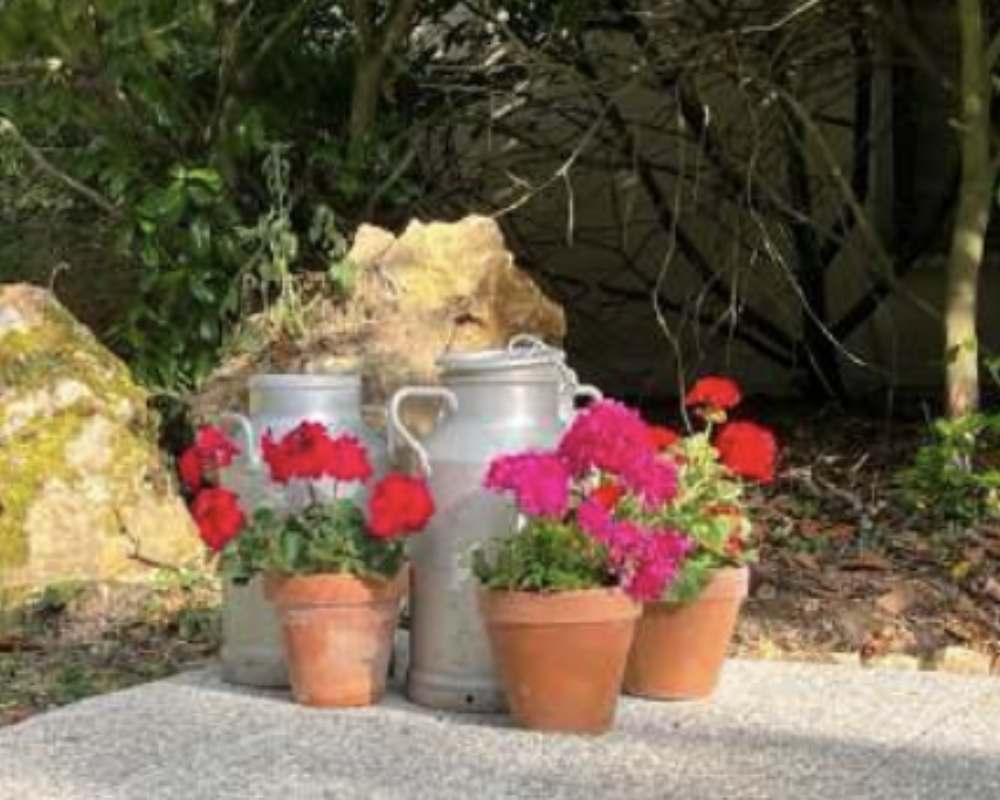 Gites in France outdoor detail at Château de la Boutinière featuring potted flowers and traditional milk churns arranged beside the gite terrace, reflecting the rural character of the estate.