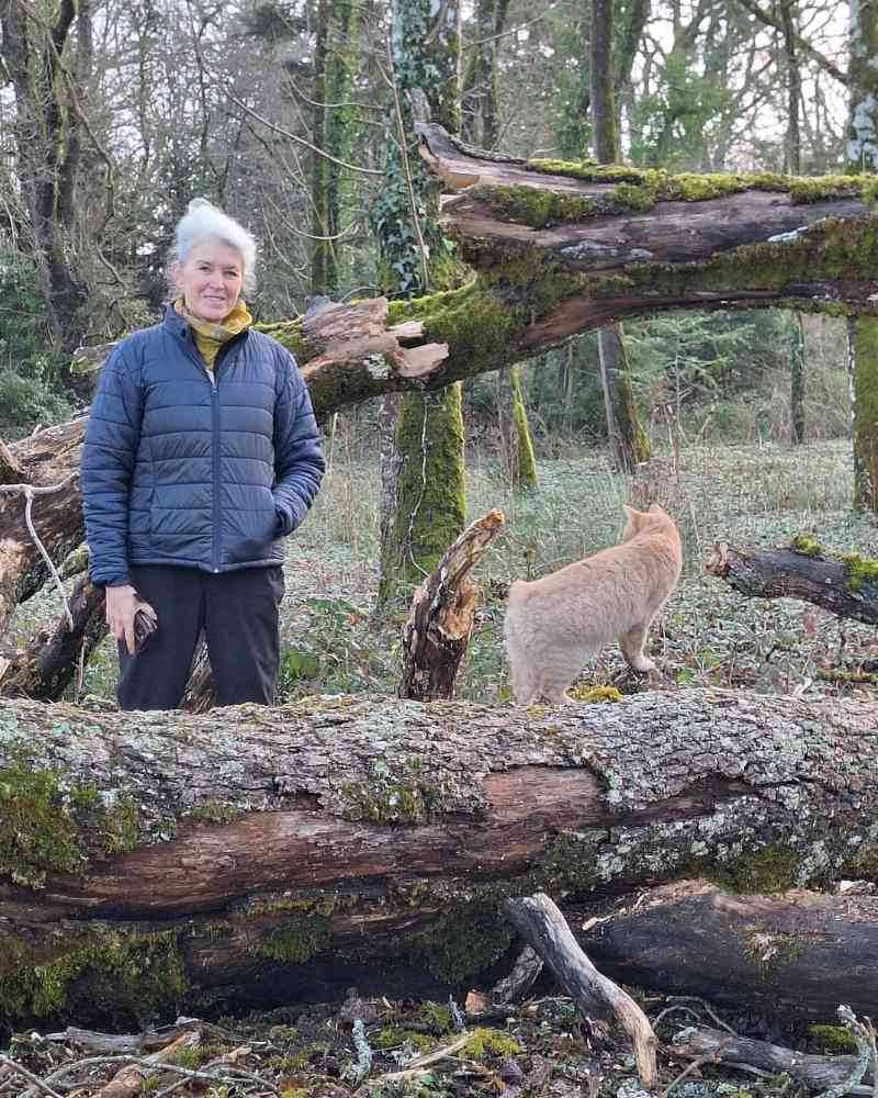 Alison stands beside a large broken tree trunk in the woodland after the storm, with one of the château cats walking across the fallen wood in front of her.